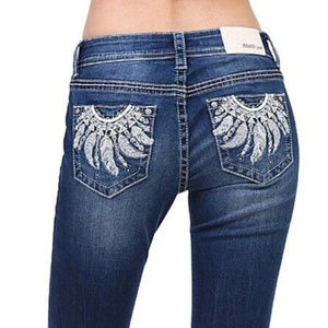 Grace in LA Women's Feather Embellished Embroidered Bootcut Stretch Jeans